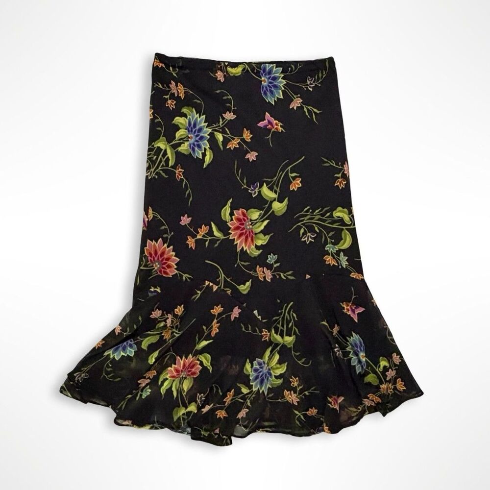 Zero Zero, Flowy Black Floral Trumpet Ruffle Midi Skirt, S 90s Boho Whimsigoth